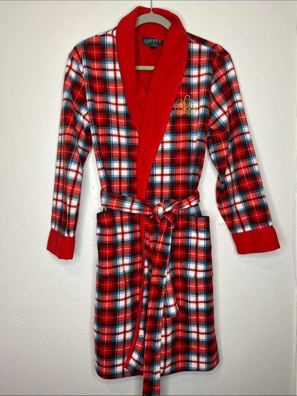Y2K Lauren Ralph Lauren Red Plaid Fleece Robe - Size M Monogram Holiday Cozy